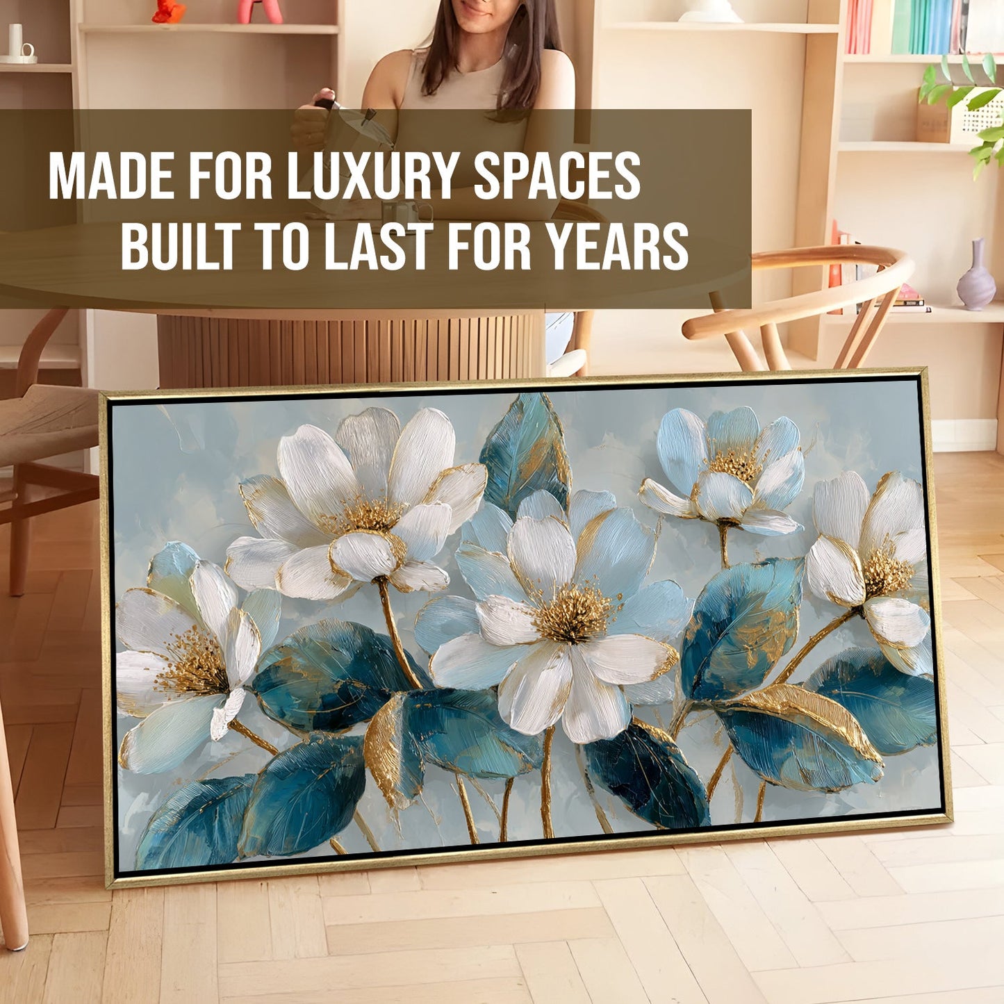 Ivory Bloom Garden ¨C Luxury Floral Wall Art ¨C Golden Floater Frame, HD Canvas Print, Ready to Hang, Size: 2x4 feet (FLBWA84)