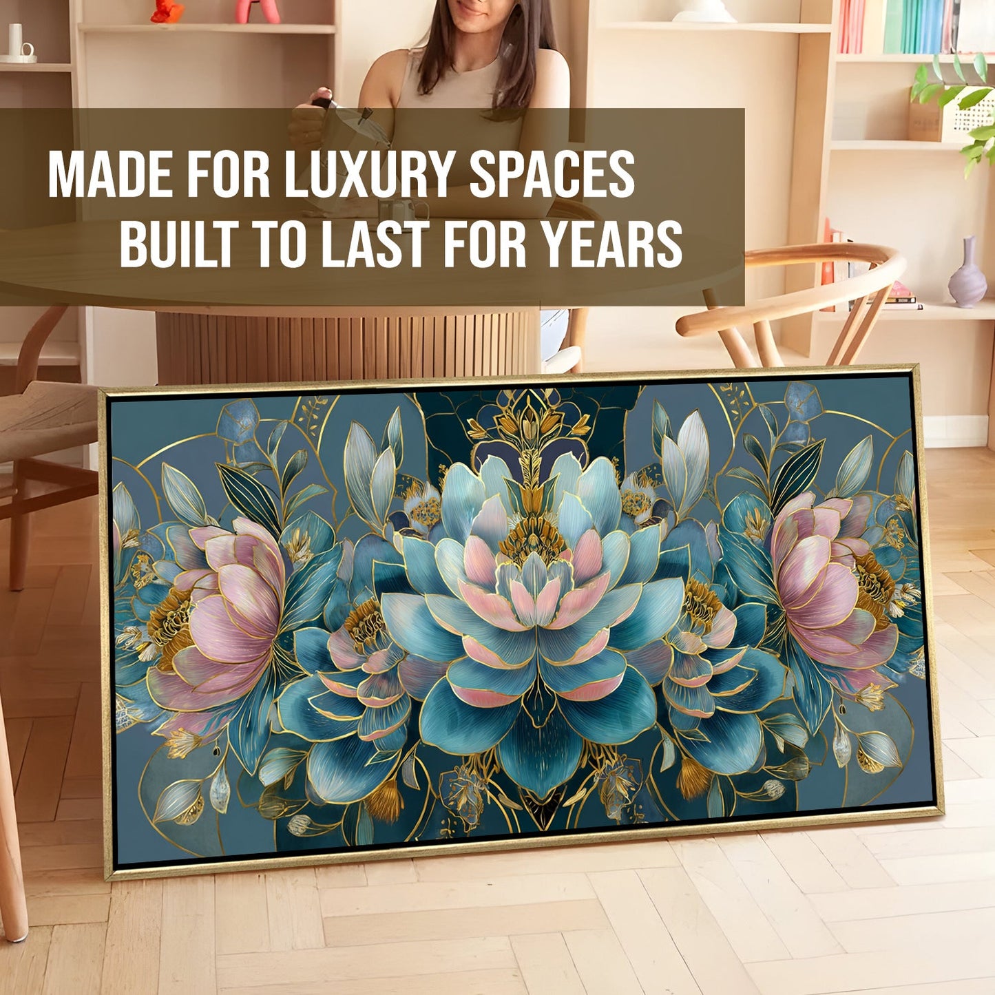 Floral Elegance in Teal, Blush & Gold ¨C Luxury Wall Art ¨C Golden Floater Frame, HD Canvas Print, Ready to Hang, Size: 2x4 feet (FLBWA88)