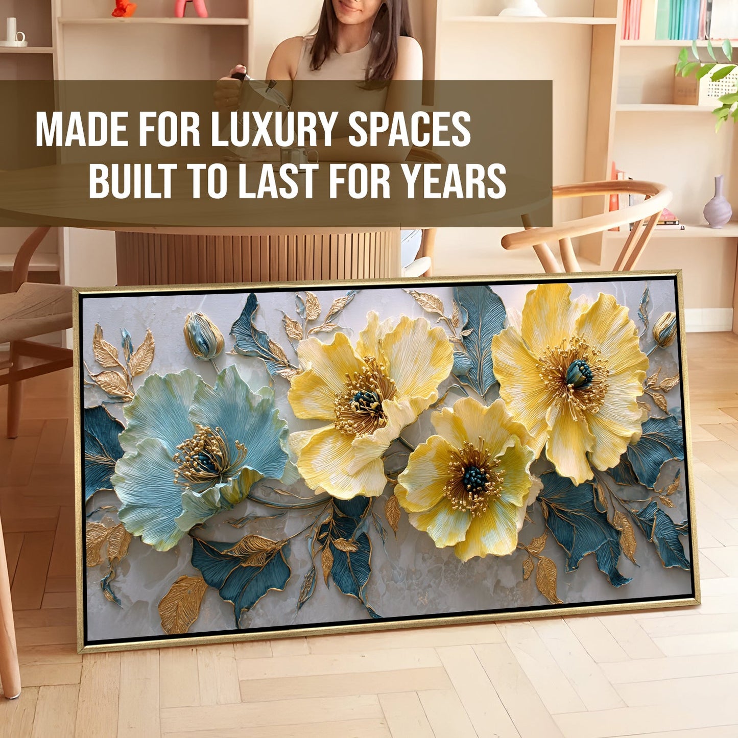 Opulent Floral Harmony Wall Art ¨C Golden Floater Frame, HD Canvas Print, Ready to Hang, Size: 2x4 feet (FLBWA73)