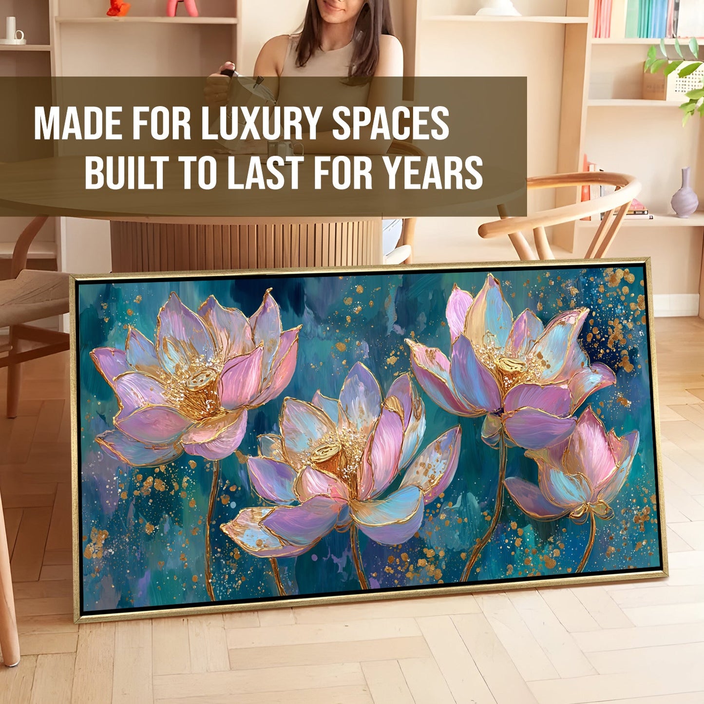 Blush Lotus Elegance ¨C Luxury Floral Wall Art ¨C Golden Floater Frame, HD Canvas Print, Ready to Hang, Size: 2x4 feet (FLBWA78)