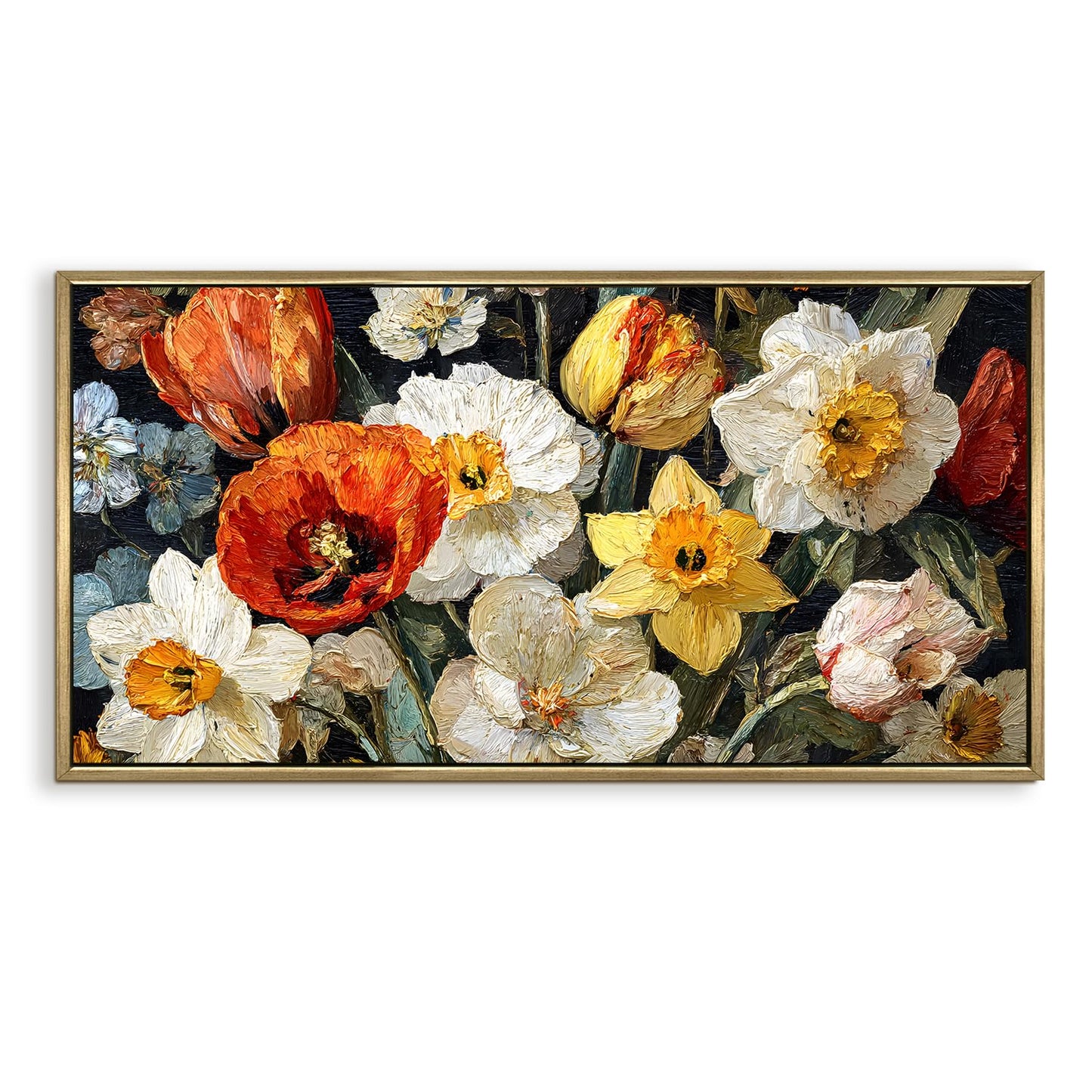 Modern Home ¨C Daffodils and Poppies in a Vase, Vibrant Floral Colors with Bold Brushstrokes Wall Art, HD Canvas Print, Golden Floater Framed, Ready to Hang, (24 In x 48 In) (VNG-WA-20-C)