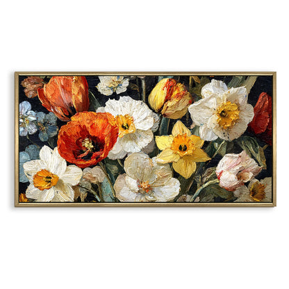 Modern Home ¨C Daffodils and Poppies in a Vase, Vibrant Floral Colors with Bold Brushstrokes Wall Art, HD Canvas Print, Golden Floater Framed, Ready to Hang, (24 In x 48 In) (VNG-WA-20-C)
