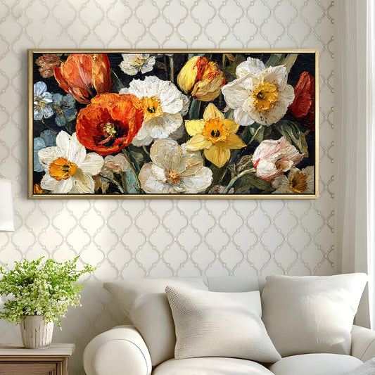 Modern Home ¨C Daffodils and Poppies in a Vase, Vibrant Floral Colors with Bold Brushstrokes Wall Art, HD Canvas Print, Golden Floater Framed, Ready to Hang, (24 In x 48 In) (VNG-WA-20-C)