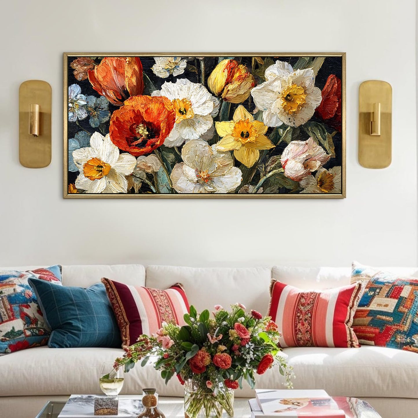 Modern Home ¨C Daffodils and Poppies in a Vase, Vibrant Floral Colors with Bold Brushstrokes Wall Art, HD Canvas Print, Golden Floater Framed, Ready to Hang, (24 In x 48 In) (VNG-WA-20-C)