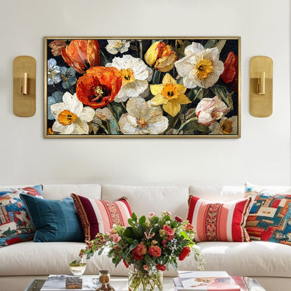 Modern Home ¨C Daffodils and Poppies in a Vase, Vibrant Floral Colors with Bold Brushstrokes Wall Art, HD Canvas Print, Golden Floater Framed, Ready to Hang, (24 In x 48 In) (VNG-WA-20-C)