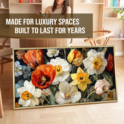Modern Home ¨C Daffodils and Poppies in a Vase, Vibrant Floral Colors with Bold Brushstrokes Wall Art, HD Canvas Print, Golden Floater Framed, Ready to Hang, (24 In x 48 In) (VNG-WA-20-C)