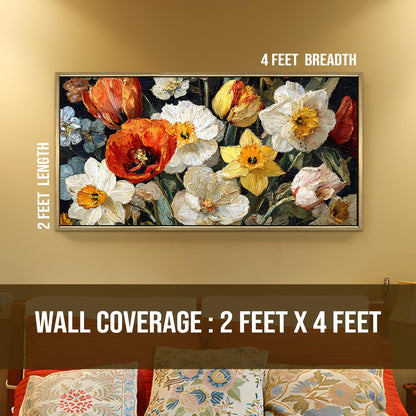 Modern Home ¨C Daffodils and Poppies in a Vase, Vibrant Floral Colors with Bold Brushstrokes Wall Art, HD Canvas Print, Golden Floater Framed, Ready to Hang, (24 In x 48 In) (VNG-WA-20-C)