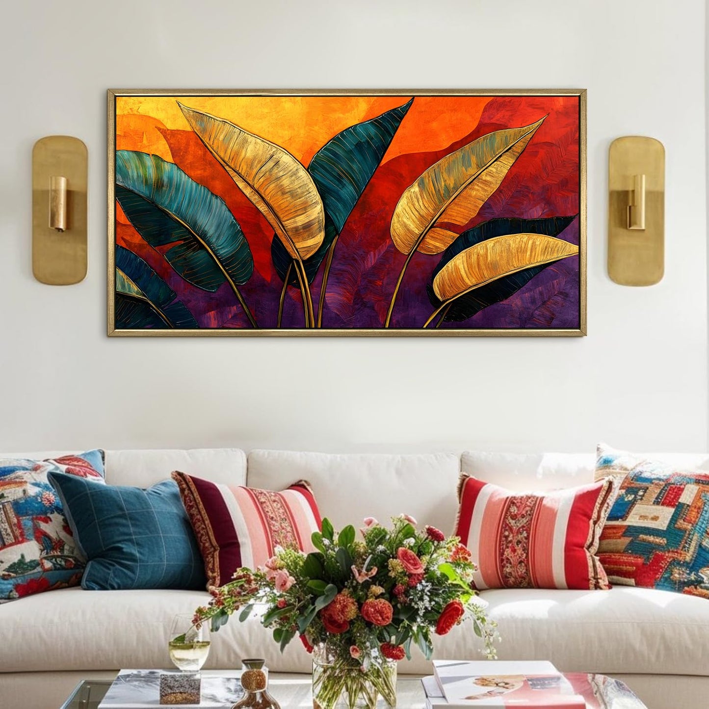 Modern Tropical Palm Leaf Wall Art, HD Canvas Print, Golden Floater Framed, Ready to Hang, (24 In x 48 In) (TRP-WA-29)