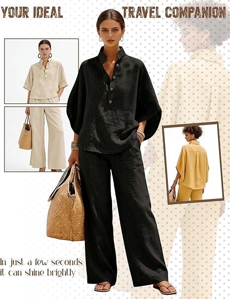 Women’s Batwing Sleeve Linen Cotton Two-Piece Set – Casual Shirt & Wide Leg Pants Outfit