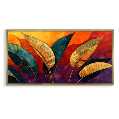 Modern Tropical Palm Leaf Wall Art, HD Canvas Print, Golden Floater Framed, Ready to Hang, (24 In x 48 In) (TRP-WA-29)