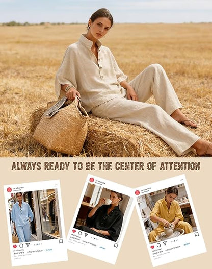 Women’s Batwing Sleeve Linen Cotton Two-Piece Set – Casual Shirt & Wide Leg Pants Outfit