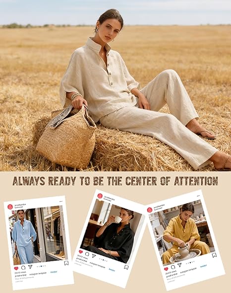Women’s Batwing Sleeve Linen Cotton Two-Piece Set – Casual Shirt & Wide Leg Pants Outfit