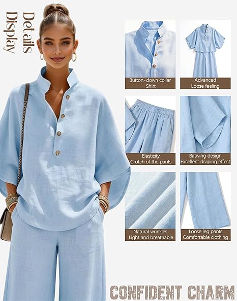 Women’s Batwing Sleeve Linen Cotton Two-Piece Set – Casual Shirt & Wide Leg Pants Outfit