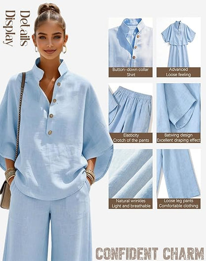 Women’s Batwing Sleeve Linen Cotton Two-Piece Set – Casual Shirt & Wide Leg Pants Outfit