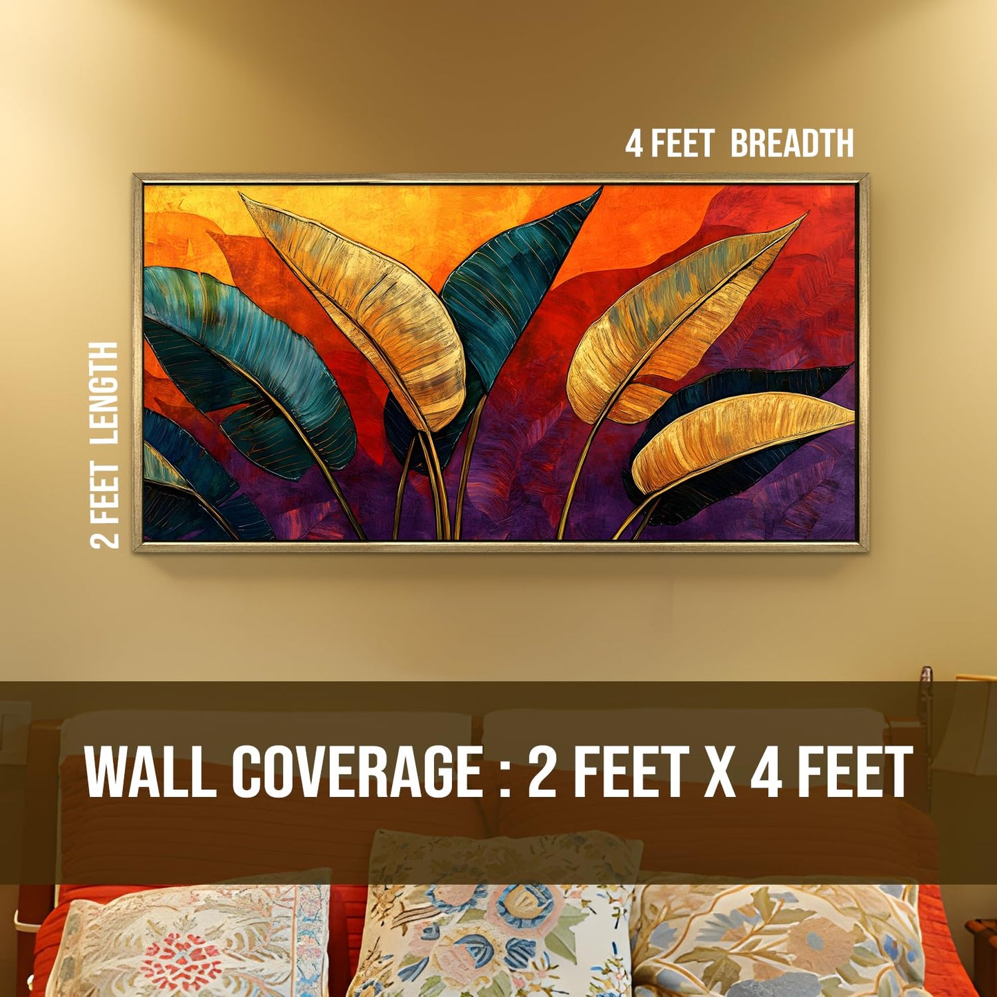 Modern Tropical Palm Leaf Wall Art, HD Canvas Print, Golden Floater Framed, Ready to Hang, (24 In x 48 In) (TRP-WA-29)