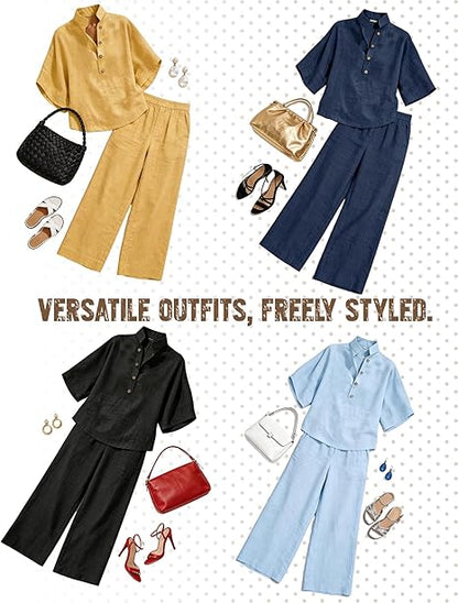 Women’s Batwing Sleeve Linen Cotton Two-Piece Set – Casual Shirt & Wide Leg Pants Outfit