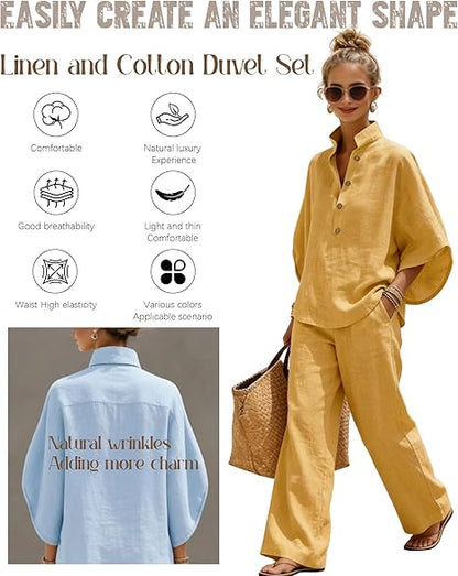 Women’s Batwing Sleeve Linen Cotton Two-Piece Set – Casual Shirt & Wide Leg Pants Outfit