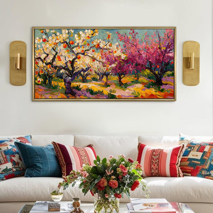 Vibrant Van Gogh-Inspired Blossoming Orchard Wall Art, HD Canvas Print, Golden Floater Framed, Ready to Hang, (24 In x 48 In) (VNG-WA-5-A)