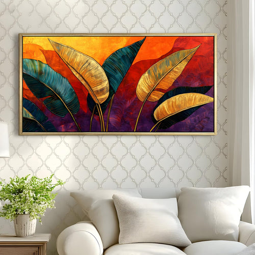Modern Tropical Palm Leaf Wall Art, HD Canvas Print, Golden Floater Framed, Ready to Hang, (24 In x 48 In) (TRP-WA-29)