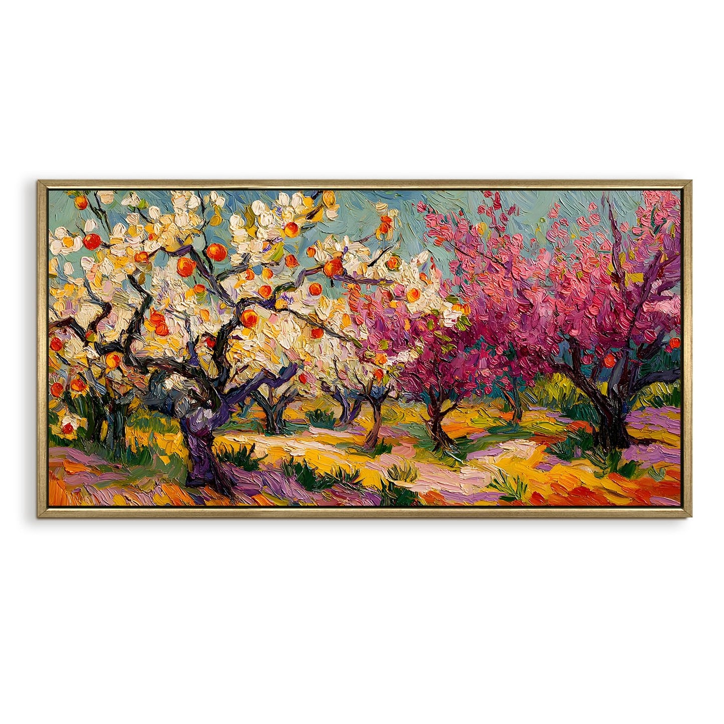 Vibrant Van Gogh-Inspired Blossoming Orchard Wall Art, HD Canvas Print, Golden Floater Framed, Ready to Hang, (24 In x 48 In) (VNG-WA-5-A)