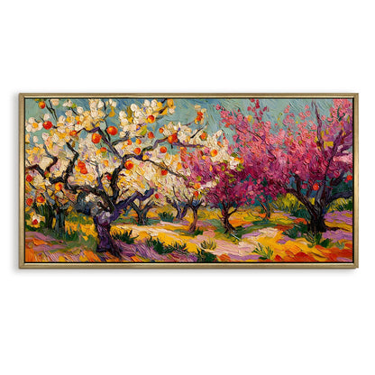 Vibrant Van Gogh-Inspired Blossoming Orchard Wall Art, HD Canvas Print, Golden Floater Framed, Ready to Hang, (24 In x 48 In) (VNG-WA-5-A)