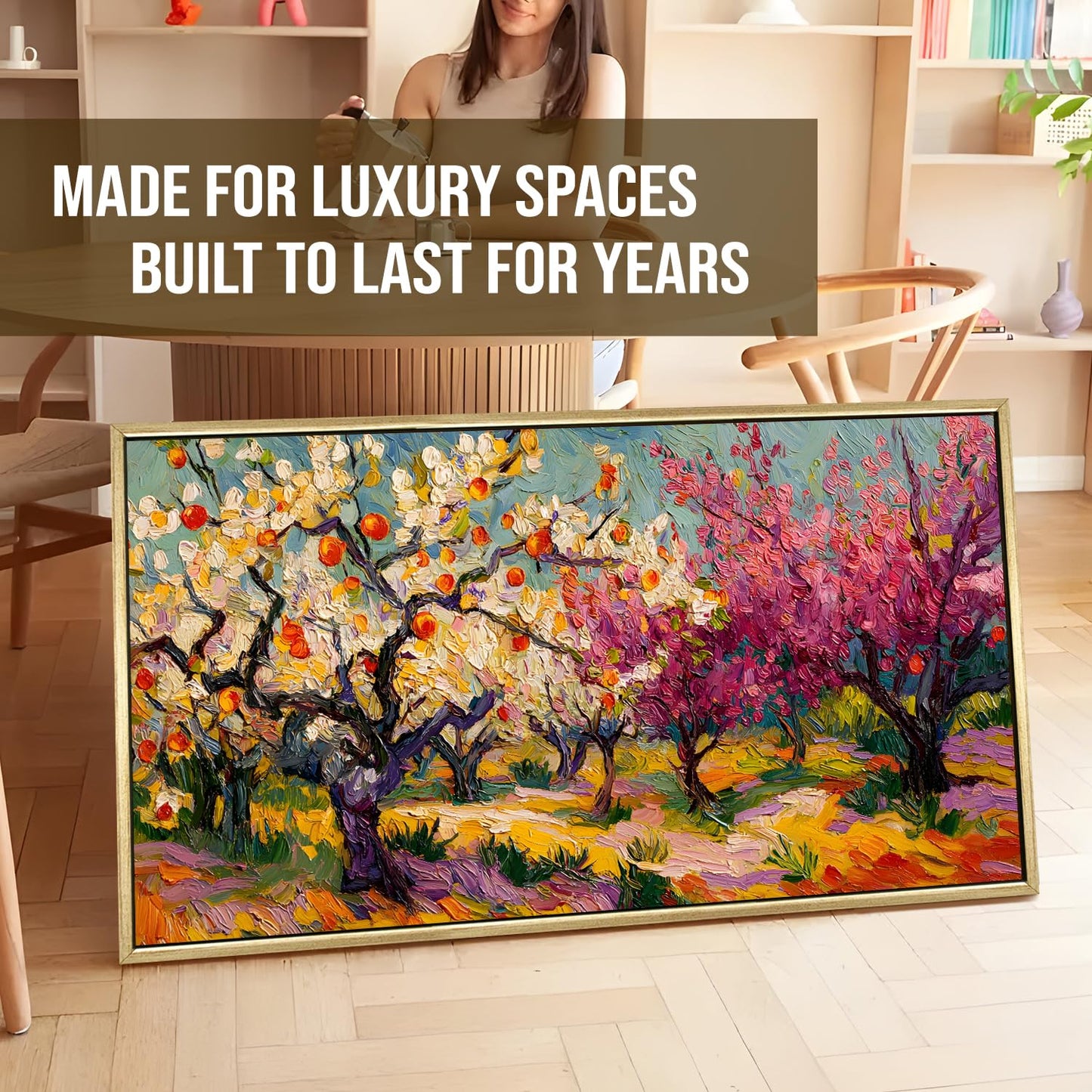 Vibrant Van Gogh-Inspired Blossoming Orchard Wall Art, HD Canvas Print, Golden Floater Framed, Ready to Hang, (24 In x 48 In) (VNG-WA-5-A)