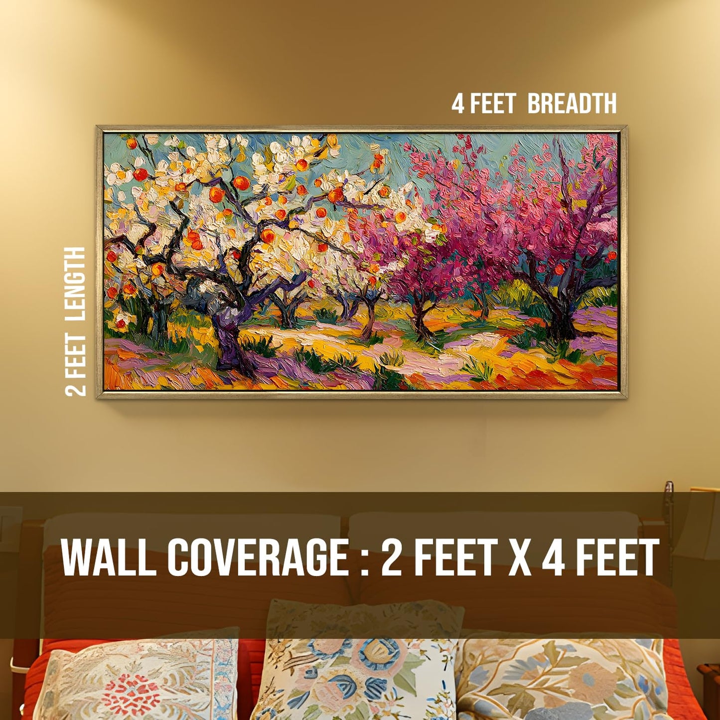 Vibrant Van Gogh-Inspired Blossoming Orchard Wall Art, HD Canvas Print, Golden Floater Framed, Ready to Hang, (24 In x 48 In) (VNG-WA-5-A)
