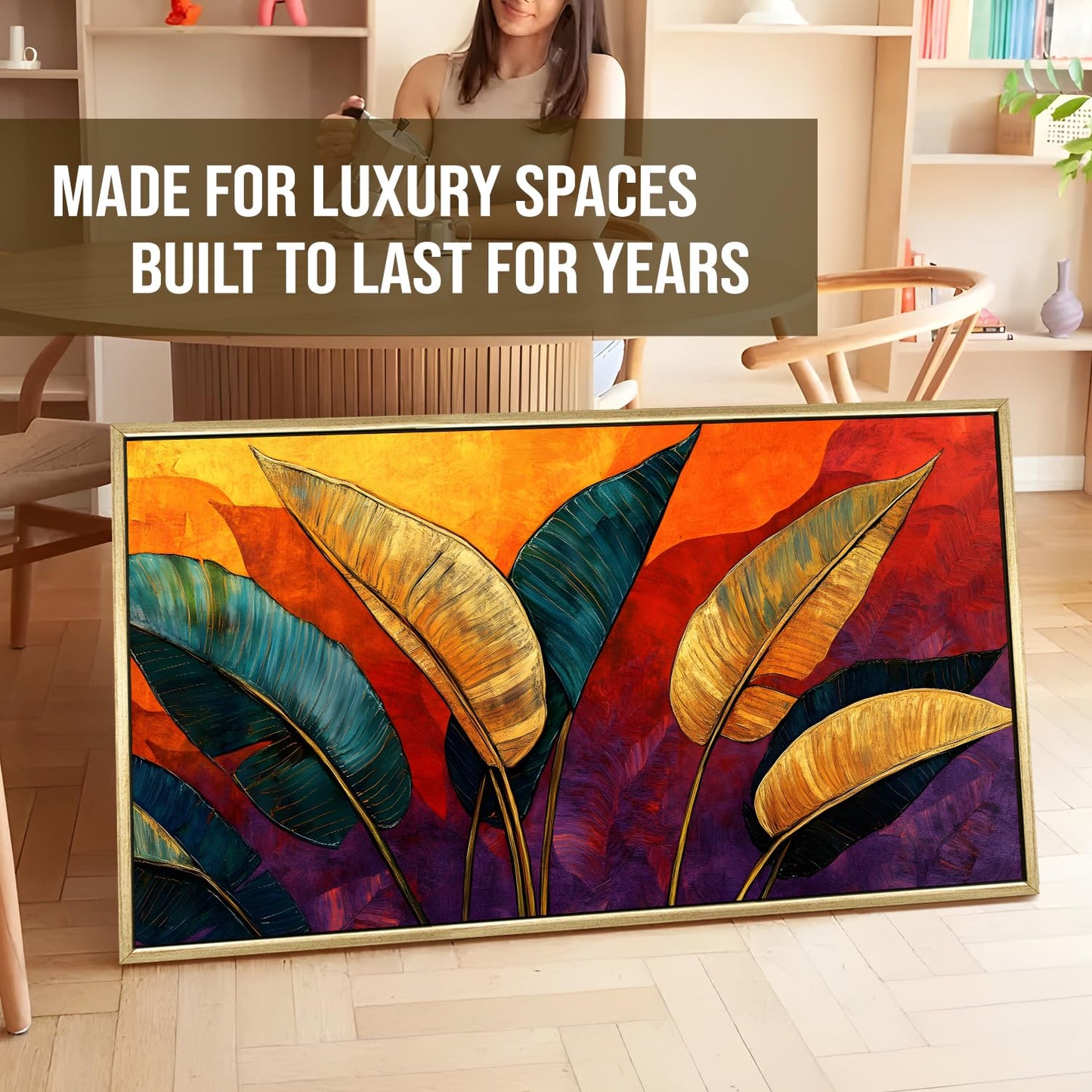 Modern Tropical Palm Leaf Wall Art, HD Canvas Print, Golden Floater Framed, Ready to Hang, (24 In x 48 In) (TRP-WA-29)