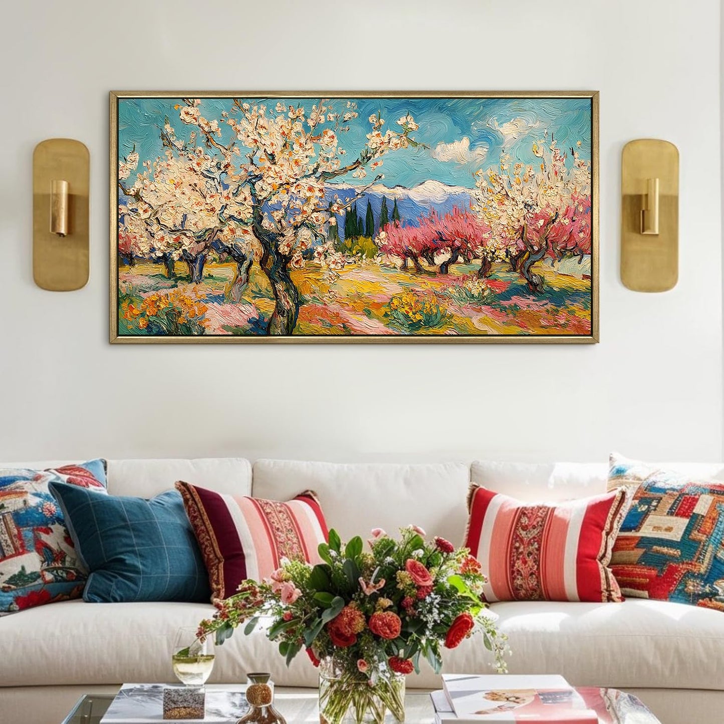 Vibrant Van Gogh-Inspired Bold Nature Wall Art, HD Canvas Print, Golden Floater Framed, Ready to Hang, (24 In x 48 In) (VNG-WA-5-B)