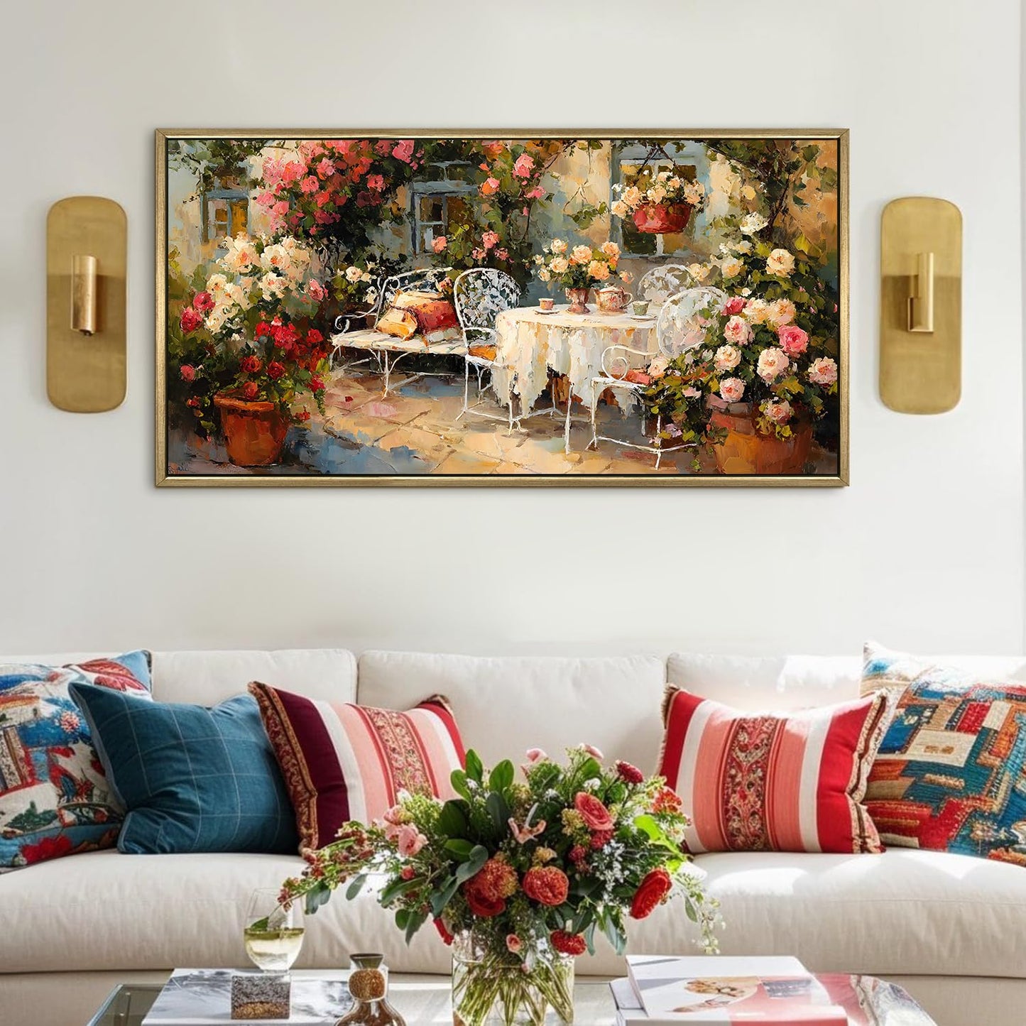 English Tea Garden Wall Art, HD Canvas Print, Golden Floater Framed, Ready to Hang, (24 In x 48 In) (EURP-WA-10-D)