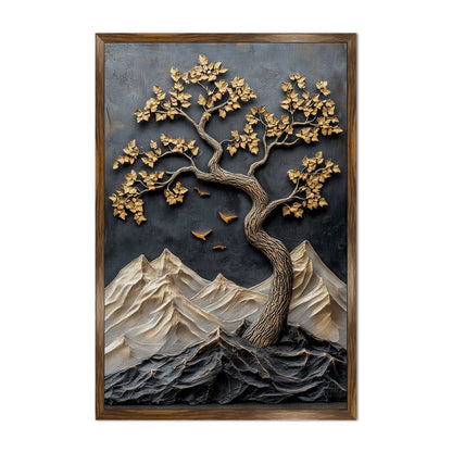 Abstract Golden Lucky Wish tree, HD Canvas Print, Framed, Ready to Hang. (20 In x 30 In). (VAWA011)