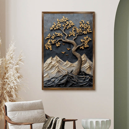 Abstract Golden Lucky Wish tree, HD Canvas Print, Framed, Ready to Hang. (20 In x 30 In). (VAWA011)