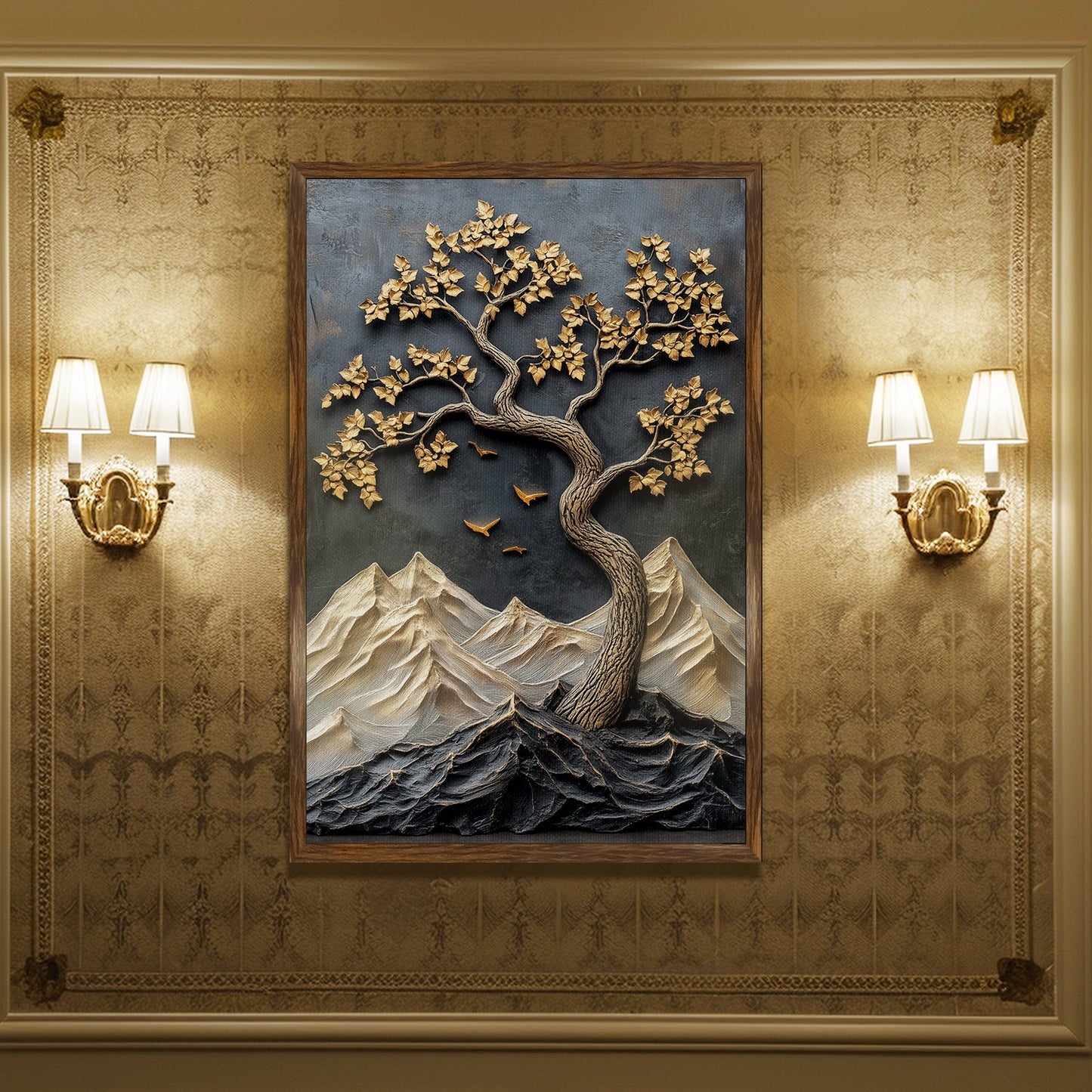 Abstract Golden Lucky Wish tree, HD Canvas Print, Framed, Ready to Hang. (20 In x 30 In). (VAWA011)