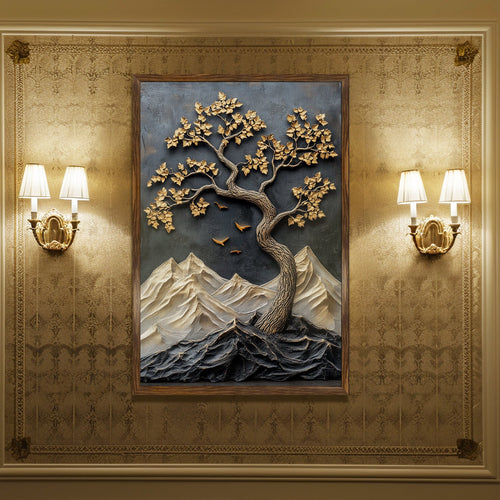 Abstract Golden Lucky Wish tree, HD Canvas Print, Framed, Ready to Hang. (20 In x 30 In). (VAWA011)