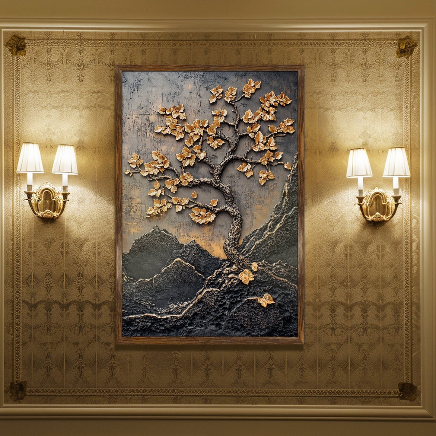 Abstract Golden Lucky Wish tree, HD Canvas Print, Framed, Ready to Hang.(20In x 30In) (VAWA007)