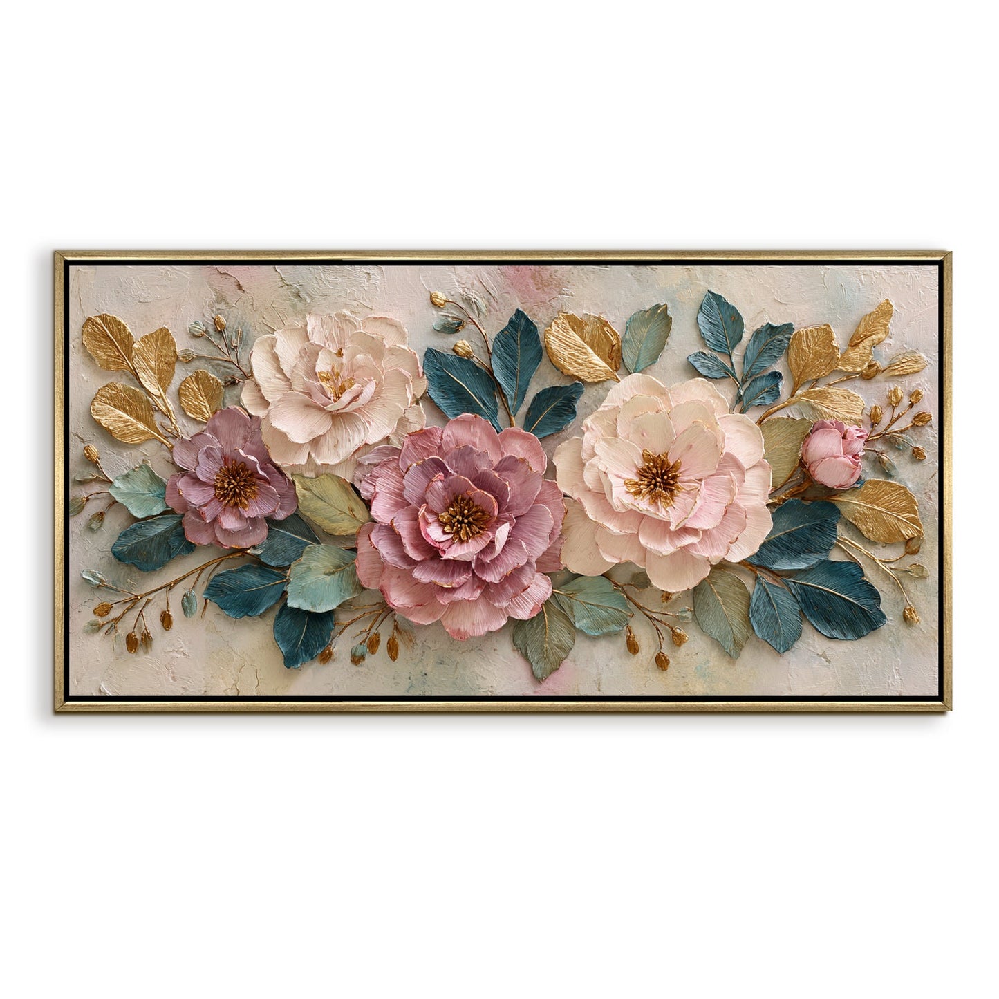 Elegant Pastel Peonies ¨C Luxury Floral Wall Art ¨C Golden Floater Frame, HD Canvas Print, Ready to Hang, Size: 2x4 feet (FLBWA80)