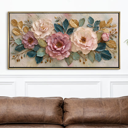 Elegant Pastel Peonies ¨C Luxury Floral Wall Art ¨C Golden Floater Frame, HD Canvas Print, Ready to Hang, Size: 2x4 feet (FLBWA80)