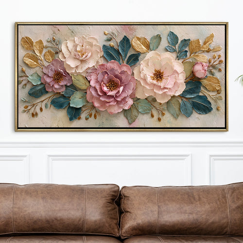 Elegant Pastel Peonies ¨C Luxury Floral Wall Art ¨C Golden Floater Frame, HD Canvas Print, Ready to Hang, Size: 2x4 feet (FLBWA80)