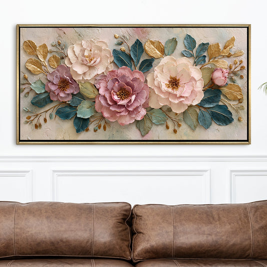 Elegant Pastel Peonies ¨C Luxury Floral Wall Art ¨C Golden Floater Frame, HD Canvas Print, Ready to Hang, Size: 2x4 feet (FLBWA80)