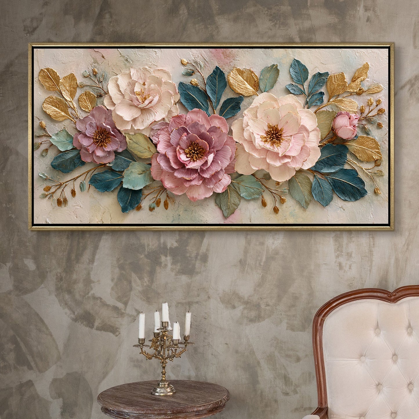 Elegant Pastel Peonies ¨C Luxury Floral Wall Art ¨C Golden Floater Frame, HD Canvas Print, Ready to Hang, Size: 2x4 feet (FLBWA80)