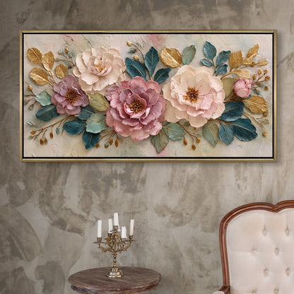 Elegant Pastel Peonies ¨C Luxury Floral Wall Art ¨C Golden Floater Frame, HD Canvas Print, Ready to Hang, Size: 2x4 feet (FLBWA80)