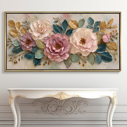 Elegant Pastel Peonies ¨C Luxury Floral Wall Art ¨C Golden Floater Frame, HD Canvas Print, Ready to Hang, Size: 2x4 feet (FLBWA80)