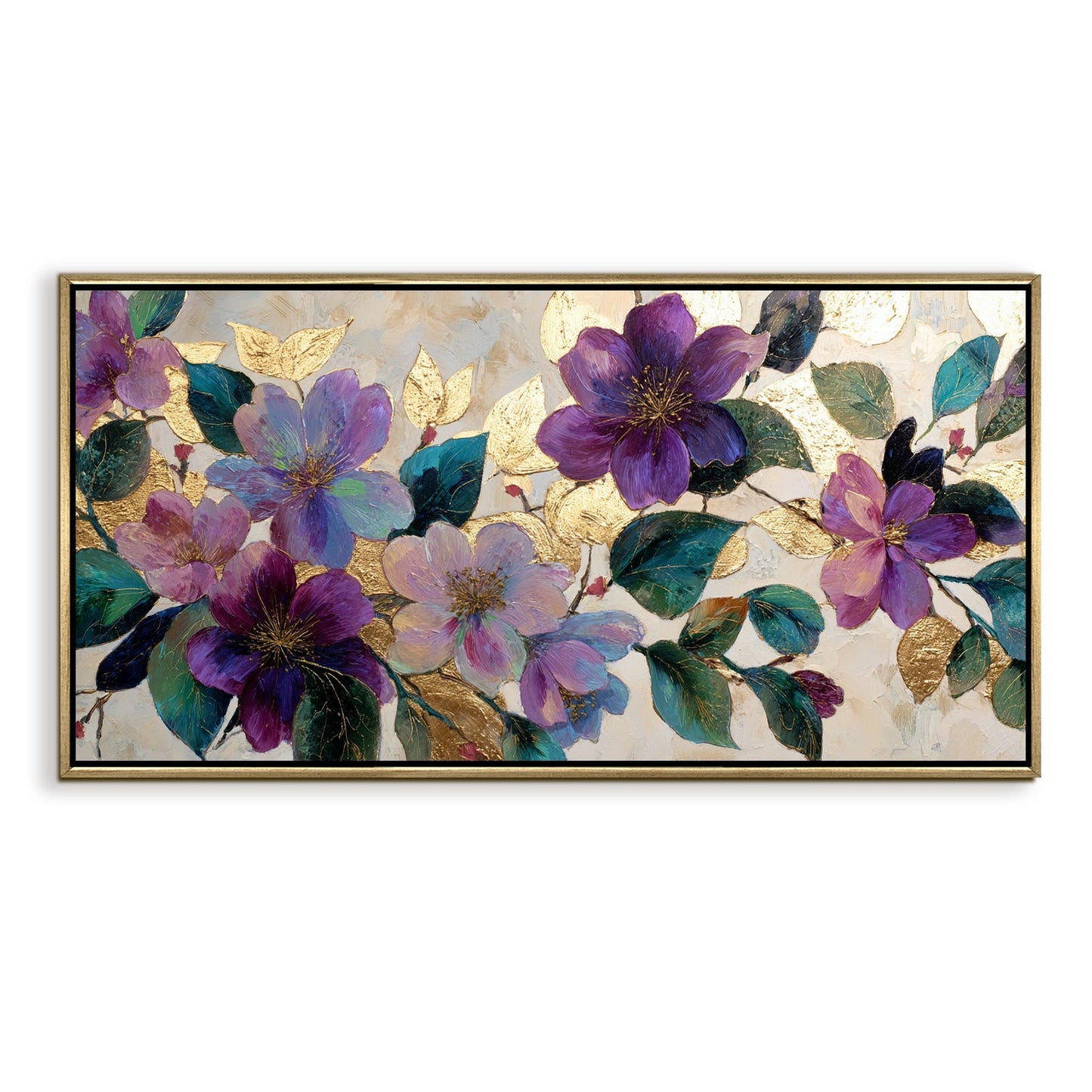 Royal Violet Florals ¨C Luxury Floral Wall Art ¨C Golden Floater Frame, HD Canvas Print, Ready to Hang, Size: 2x4 feet (FLBWA81)