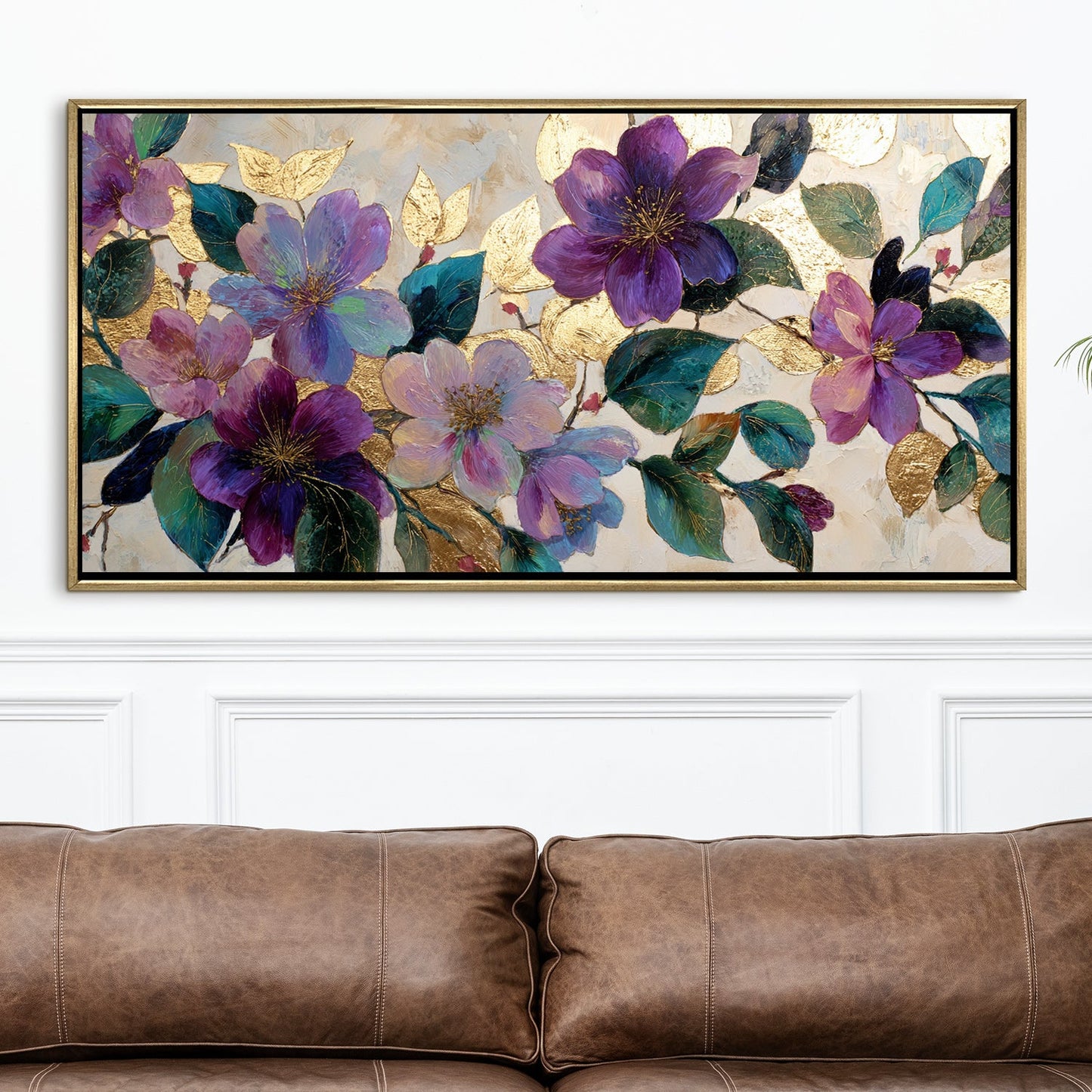 Royal Violet Florals ¨C Luxury Floral Wall Art ¨C Golden Floater Frame, HD Canvas Print, Ready to Hang, Size: 2x4 feet (FLBWA81)