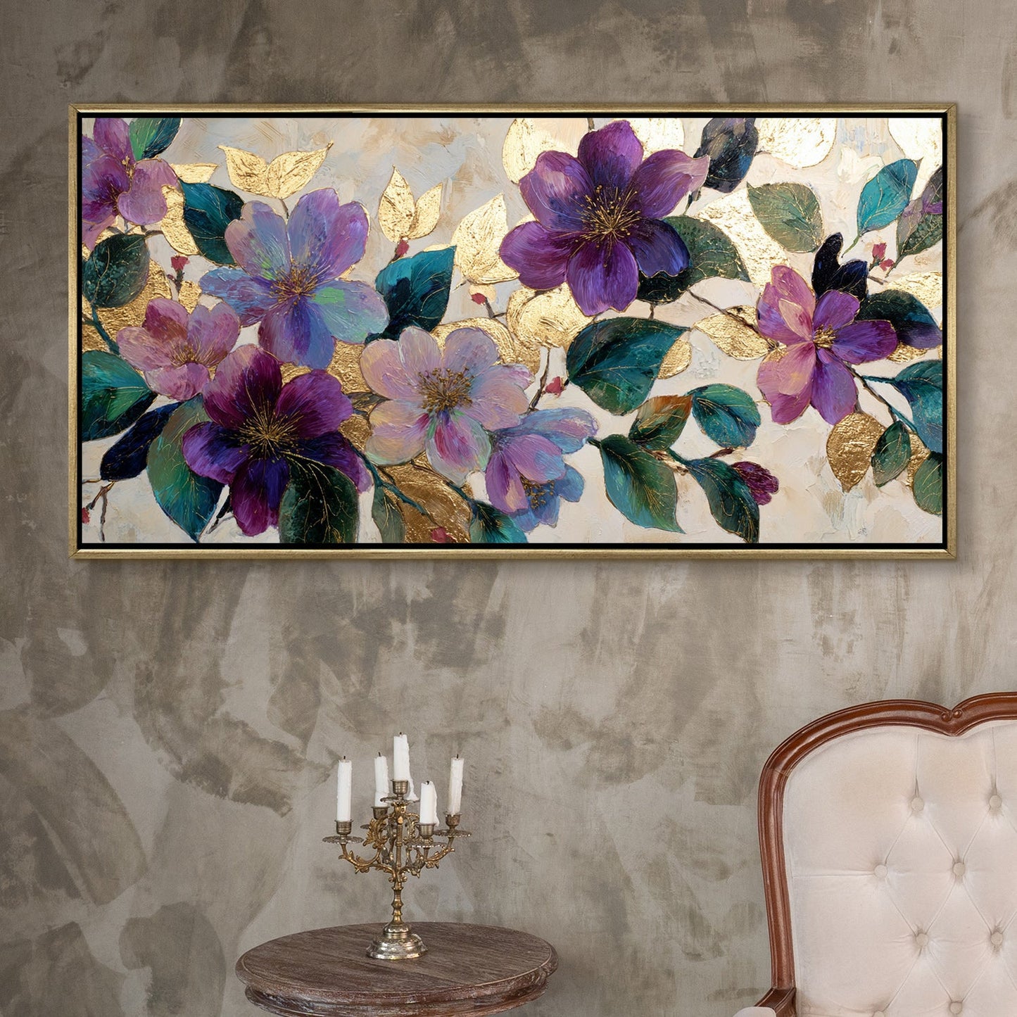 Royal Violet Florals ¨C Luxury Floral Wall Art ¨C Golden Floater Frame, HD Canvas Print, Ready to Hang, Size: 2x4 feet (FLBWA81)
