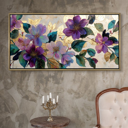 Royal Violet Florals ¨C Luxury Floral Wall Art ¨C Golden Floater Frame, HD Canvas Print, Ready to Hang, Size: 2x4 feet (FLBWA81)