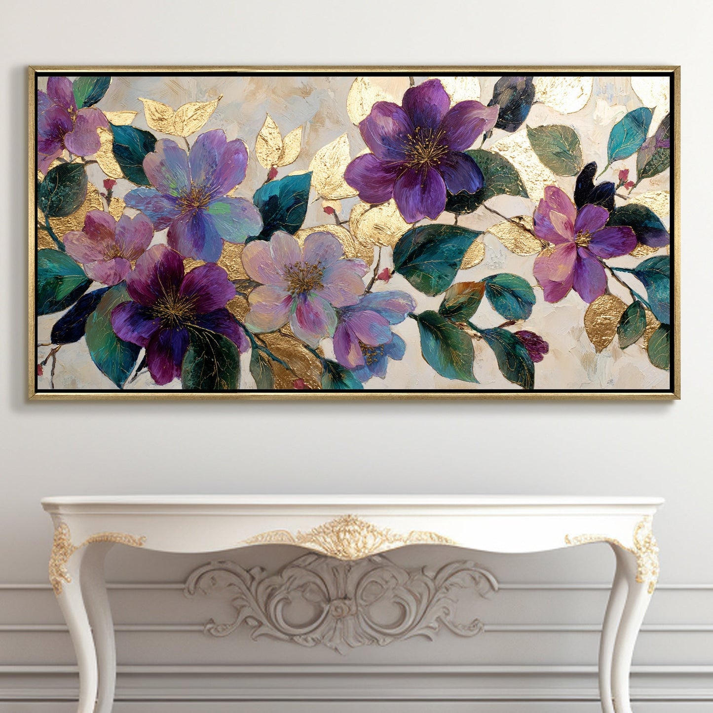 Royal Violet Florals ¨C Luxury Floral Wall Art ¨C Golden Floater Frame, HD Canvas Print, Ready to Hang, Size: 2x4 feet (FLBWA81)