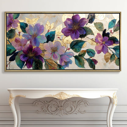 Royal Violet Florals ¨C Luxury Floral Wall Art ¨C Golden Floater Frame, HD Canvas Print, Ready to Hang, Size: 2x4 feet (FLBWA81)