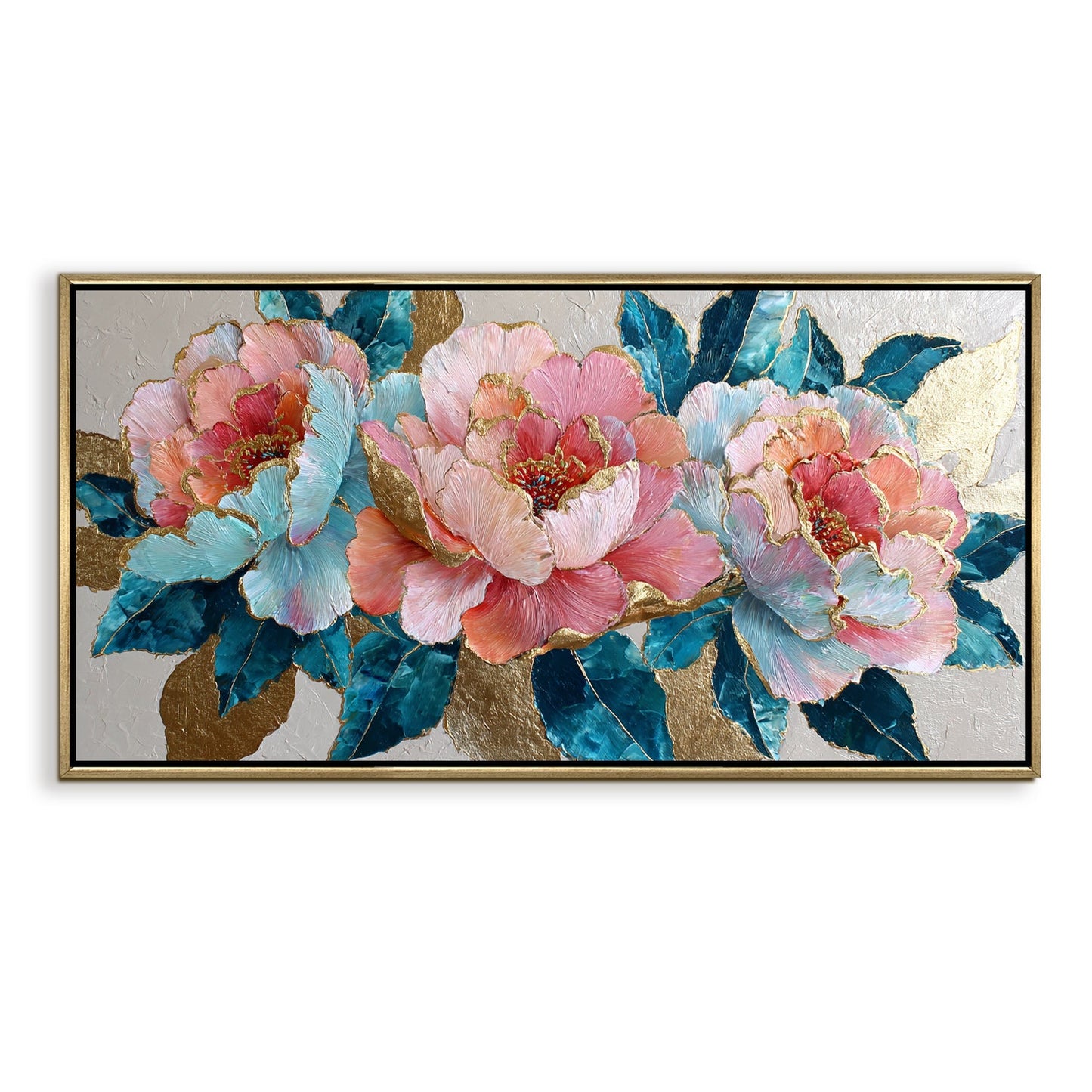 Pastel Peonies & Teal Leaves ¨C Luxury Floral Wall Art ¨C Golden Floater Frame, HD Canvas Print, Ready to Hang, Size: 2x4 feet (FLBWA82)