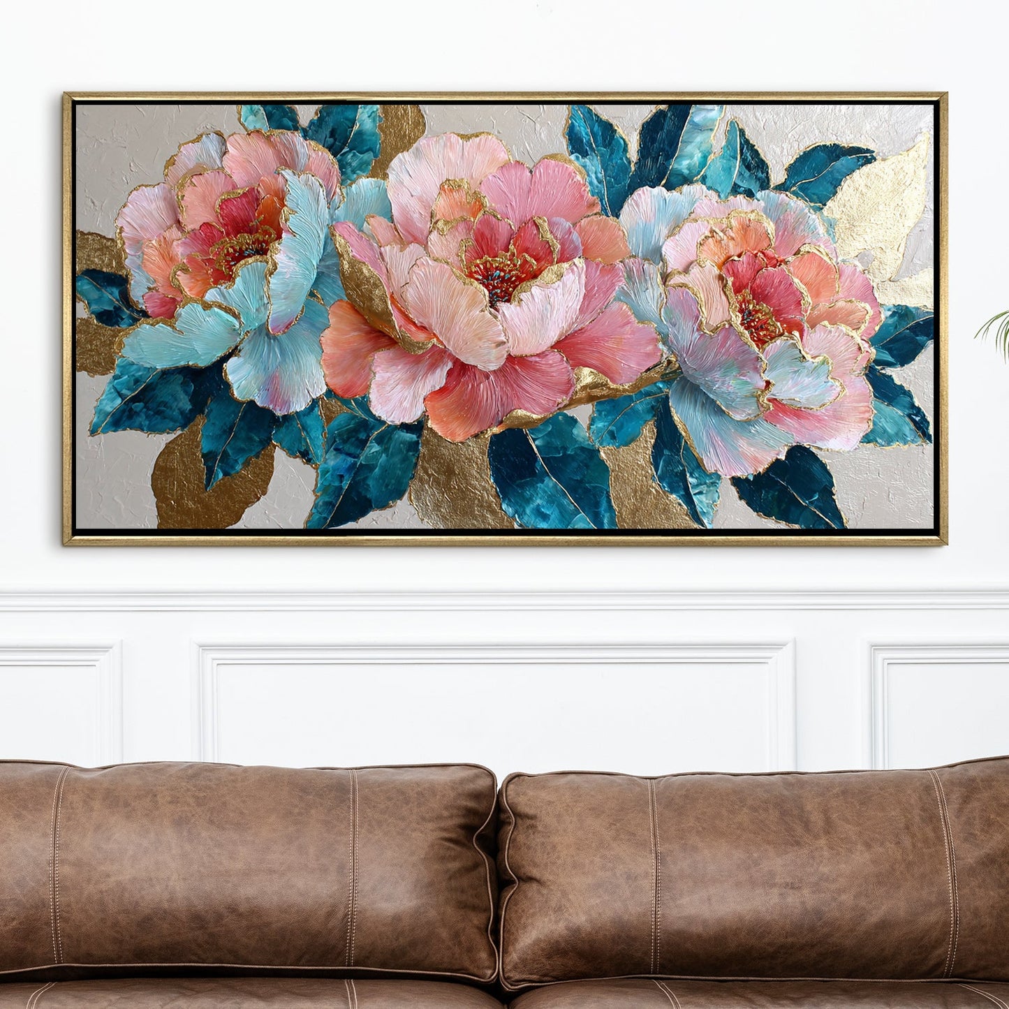 Pastel Peonies & Teal Leaves ¨C Luxury Floral Wall Art ¨C Golden Floater Frame, HD Canvas Print, Ready to Hang, Size: 2x4 feet (FLBWA82)